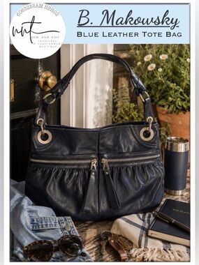 B. Makowsky Navy Blue Leather Hobo Shoulder Bag Soft Leather Silver Hardware